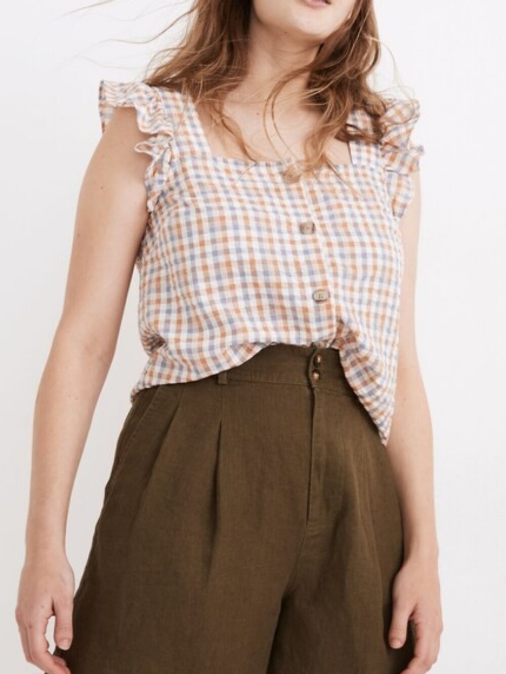 Madewell Gingham Seersucker Ruffle-Strap Button-Up Tank Top